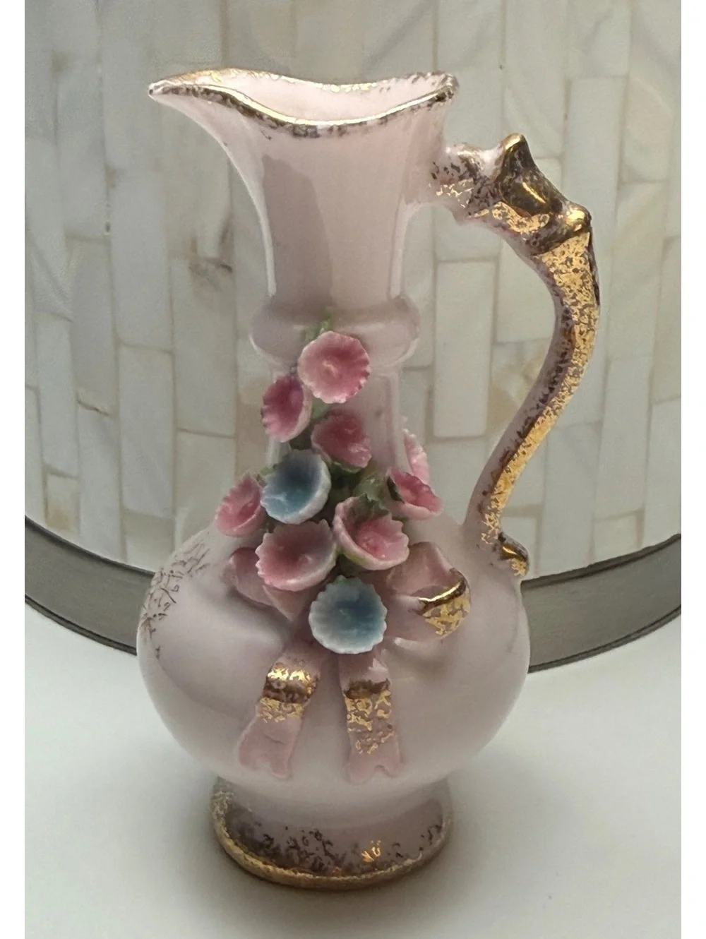 Vintage Lefton China Pink Floral Pitcher Vase Hand Painted Japan 4”